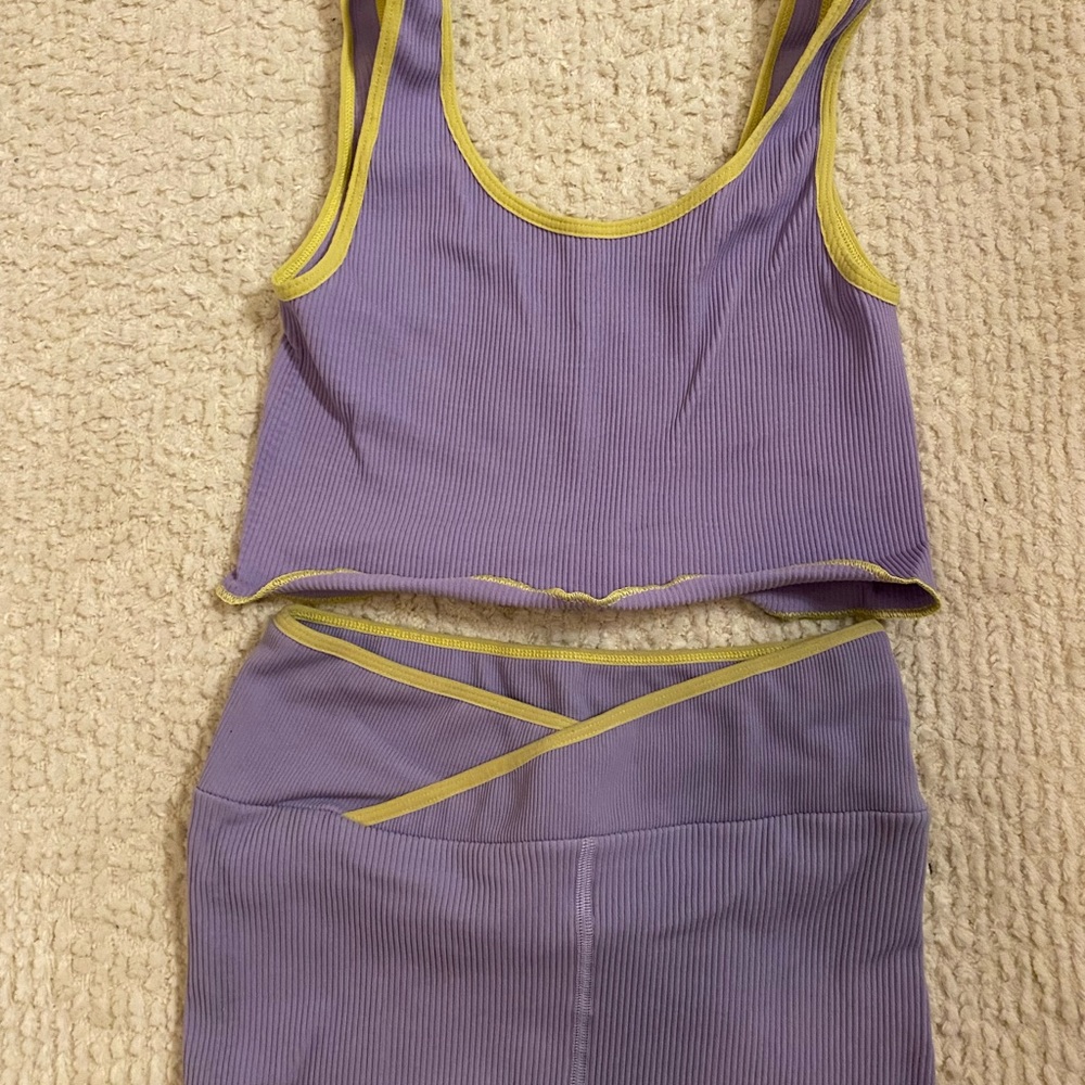 Free People Ribbed Lavender Crop Tank and Skirt Set with Yellow Trim
